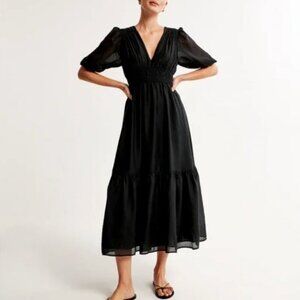 NWT Abercrombie & Fitch Floaty Plunge Midi Dress in Black